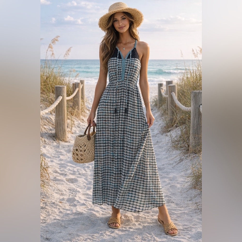 Daniel Rainn Teal and Black Geometric Maxi Dress